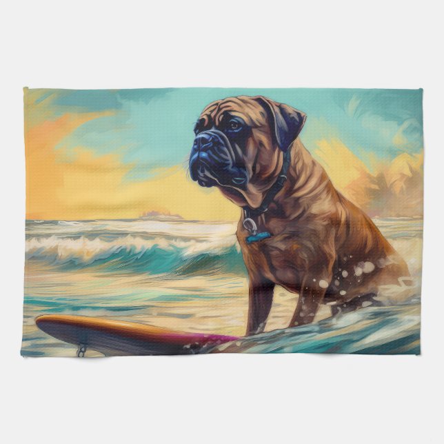 Bullmastiff Strand Surfing Målning Kökshandduk (Horisontell)