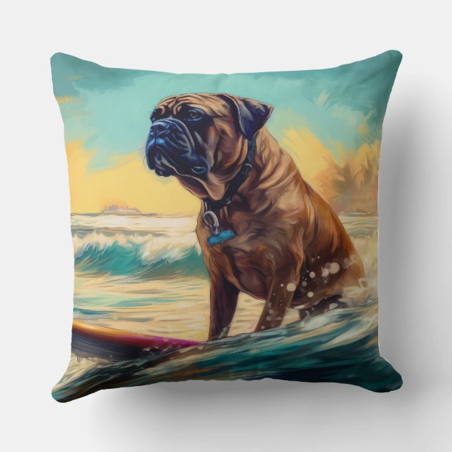 Bullmastiff Strand Surfing Målning Kudde (Baksida)