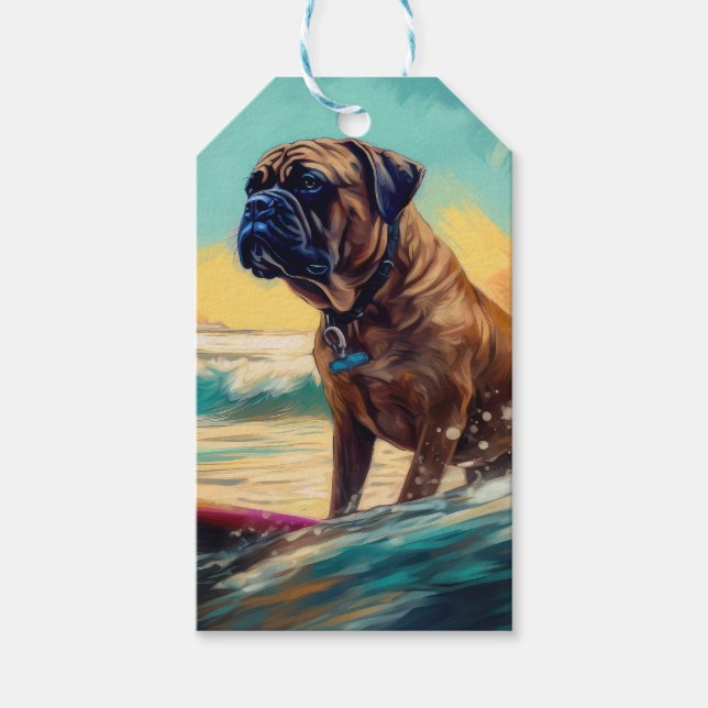 Bullmastiff Strand Surfing Målning Presentetikett (Framsidan)