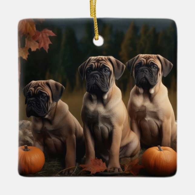 Bullmastiff Valp Höstglädje Pumpa Julgransprydnad Keramik (Framsida)