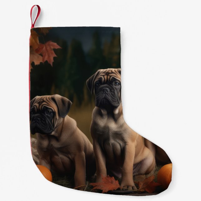 Bullmastiff-valp Höstglädje Pumpa Liten Julstrumpa (Framsidan)