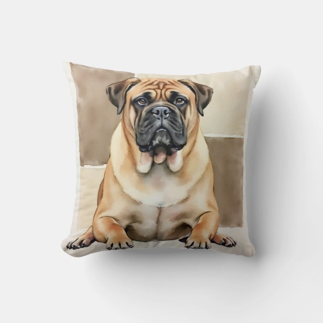 Bullmastiff Vattenfärg Varm Panel Konst Kudde (Framsida)