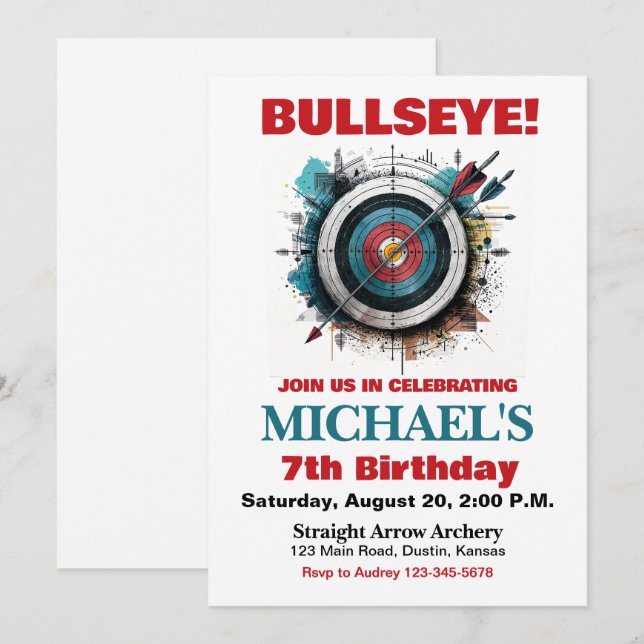 Bullseye Bågfödelsedagsfest Inbjudan (Fram/baksida)