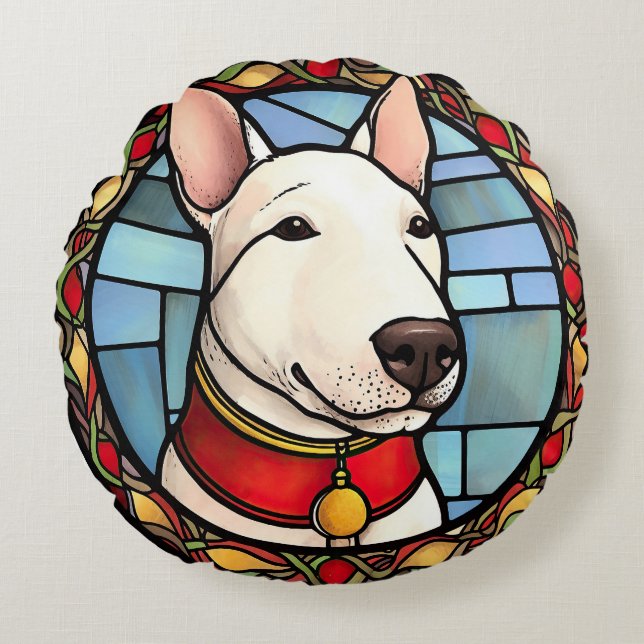 Bullterrier Glas-i-glas Julgran Rund Kudde (Framsidan)