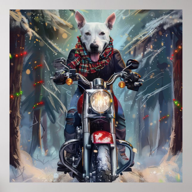 Bullterrier Hund Ridning Motorcykel Jul Poster (Framsidan)