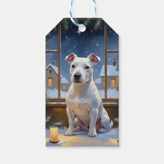 Bullterrier med julbelysning Holiday Presentetikett (Framsidan)