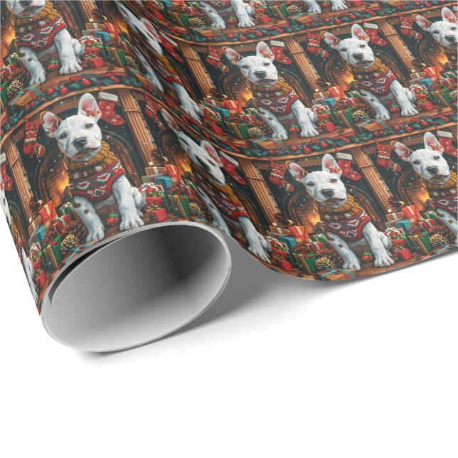 Bullterrier med julklappar Kaminen Presentpapper (Rullad Hörn)