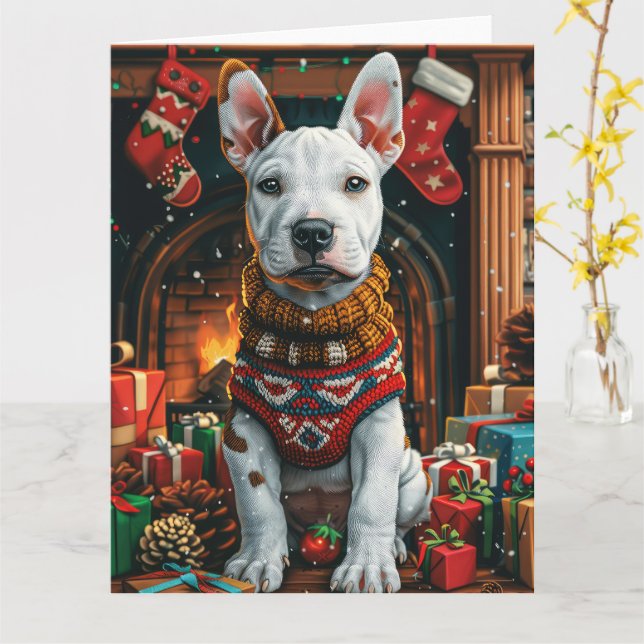 Bullterrier med julklappar öppen spis kort (Gul blomma)