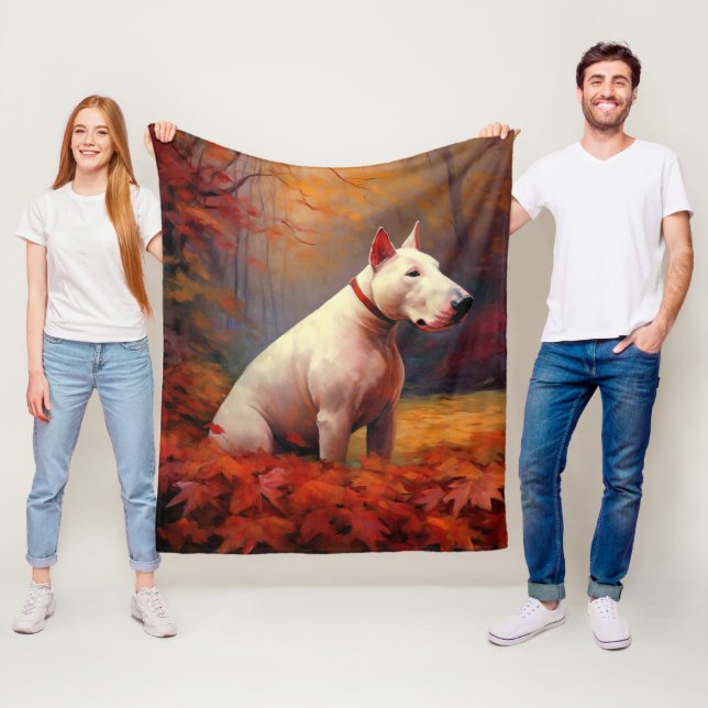 Bullterrier på höstlöv Fall Inspire Fleecefilt (På plats)