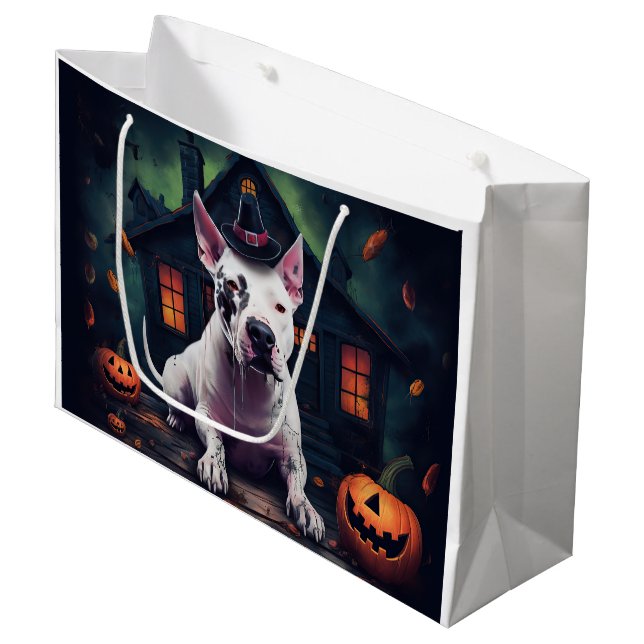 Bullterrier Pumpa Halloween Skräckinjagande (Framsidan Vinklad)