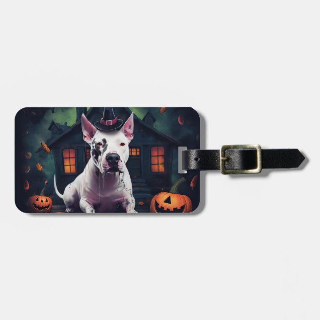 Bullterrier Pumpa Halloween Skräckinjagande Bagagebricka (Horisontell Framsida)
