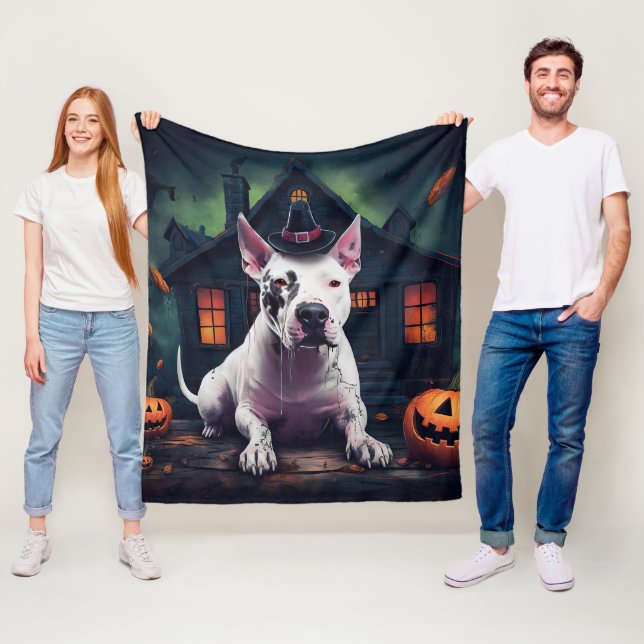Bullterrier Pumpa Halloween Skräckinjagande Fleecefilt (På plats)