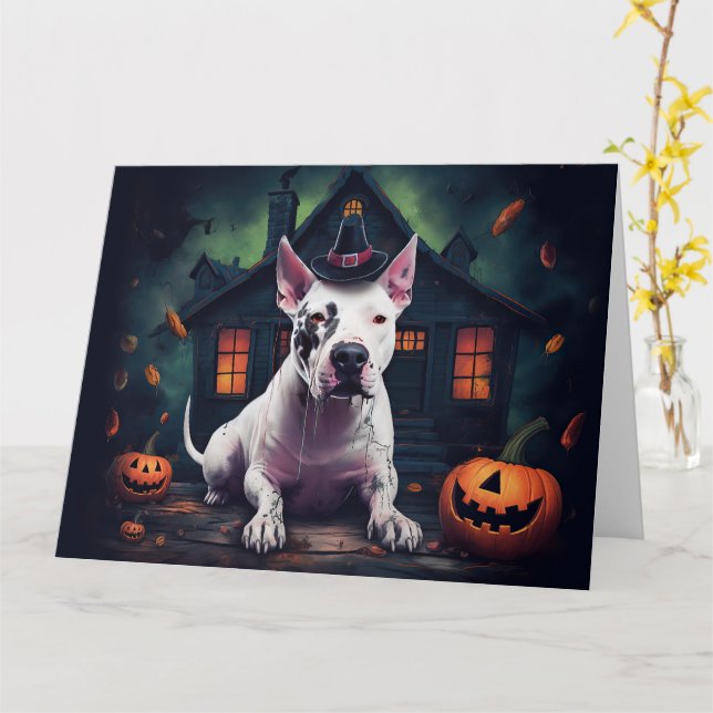 Bullterrier Pumpa Halloween Skräckinjagande Kort (Gul blomma)