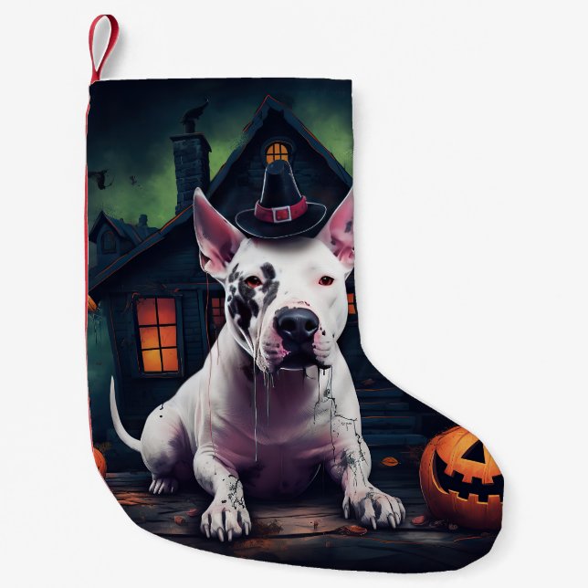 Bullterrier Pumpa Halloween Skräckinjagande Liten Julstrumpa (Framsidan)