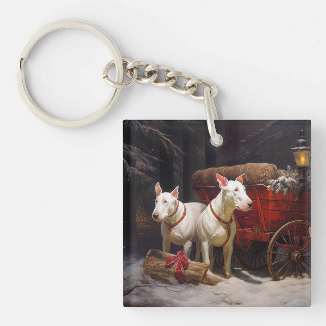 Bullterrier Snöig släde Juldekoration (Framsidan)