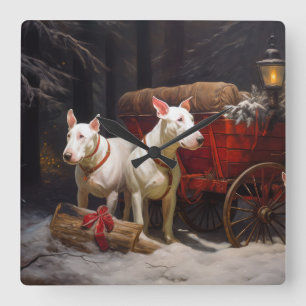 Bullterrier Snöig släde Juldekoration Fyrkantig Klocka