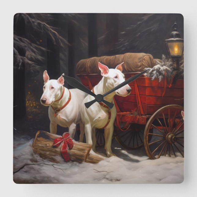 Bullterrier Snöig släde Juldekoration Fyrkantig Klocka (Framsida)
