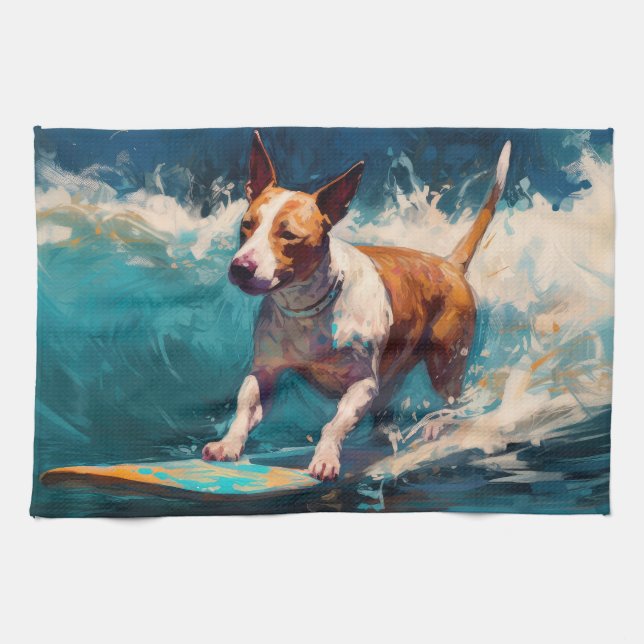 Bullterrier Strand Surfing Målning Kökshandduk (Horisontell)