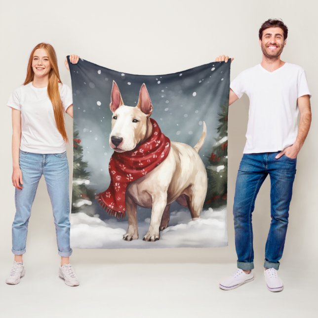 Bullterrierhund i snö jul fleecefilt (På plats)