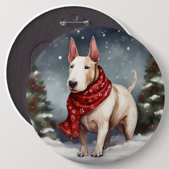 Bullterrierhund i snö jul knapp (Framsida & baksida)