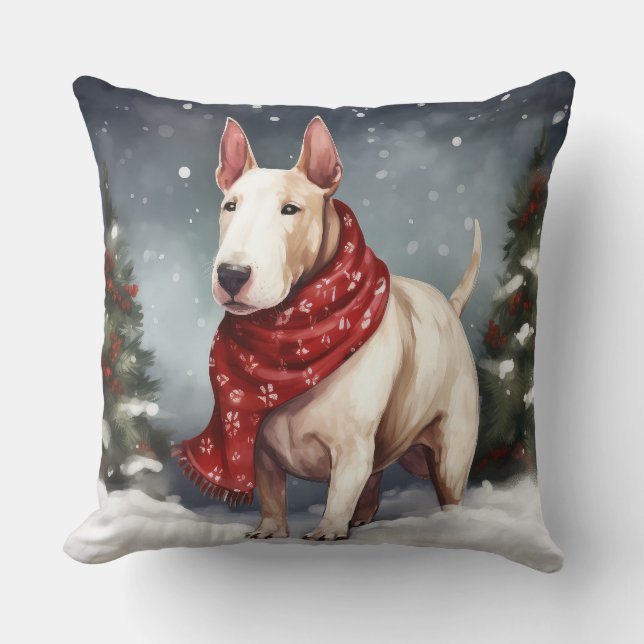 Bullterrierhund i snö jul kudde (Framsida)