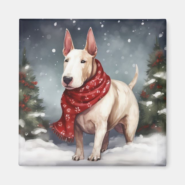 Bullterrierhund i snö jul magnet (Framsidan)