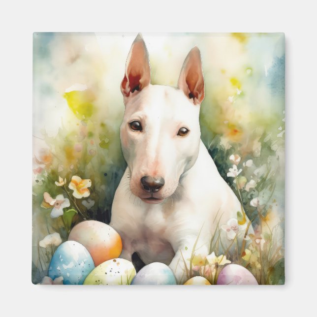 Bullterrierhund med påskägg semester magnet (Framsidan)