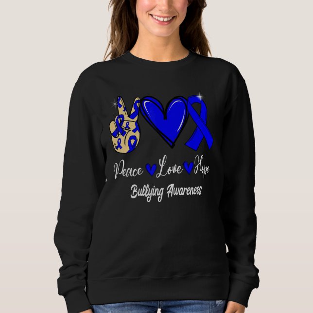 Bullying Awareness Peace Love Hope Blue Ribbon T Shirt (Framsida)