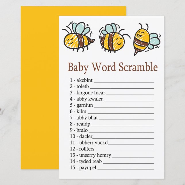 Bumble Bee Baby ordklubbningsspel (Fram/baksida)