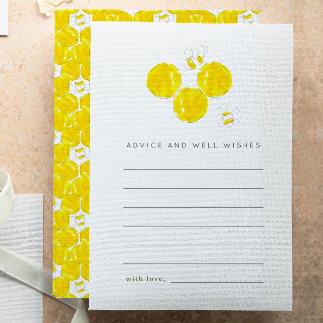 Bumble Bee Baby Shower Råd och önskningar Kort (Yellow watercolor buzzing bumble bees and honeycombs baby shower advice cards.)