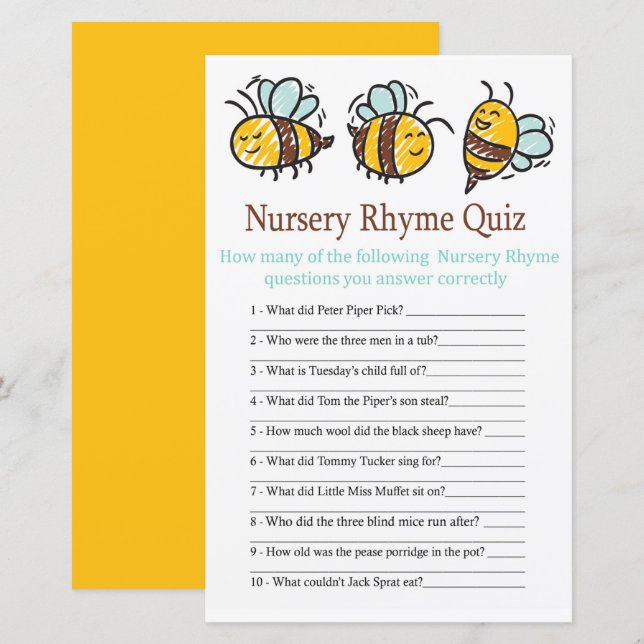 Bumble Bee Nursery Rhyme Quiz baby shower-spel (Fram/baksida)