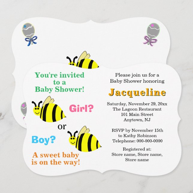 Bumble Bee Pink Blue Rattles Baby Shower Inbjudningar (Fram/baksida)