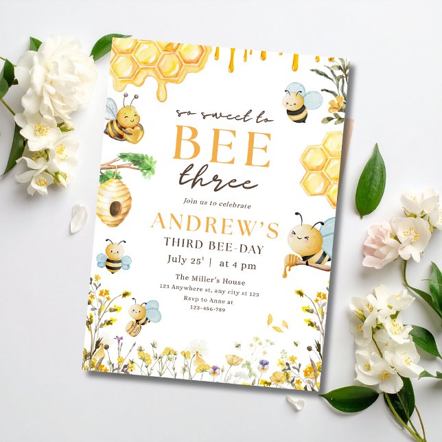 Bumble Bee Treårs Födelsedagsinbjudan Barnkalas Inbjudningar (Skapare uppladdad)
