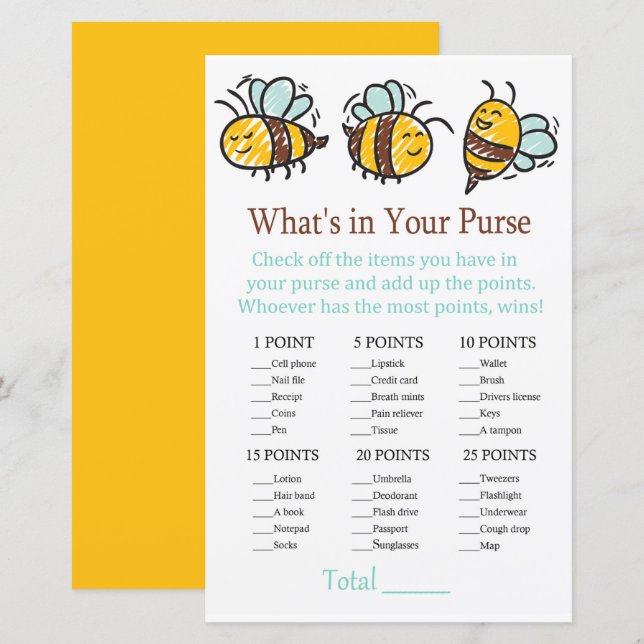 Bumble Bee Vad har du i handväskan spel (Fram/baksida)