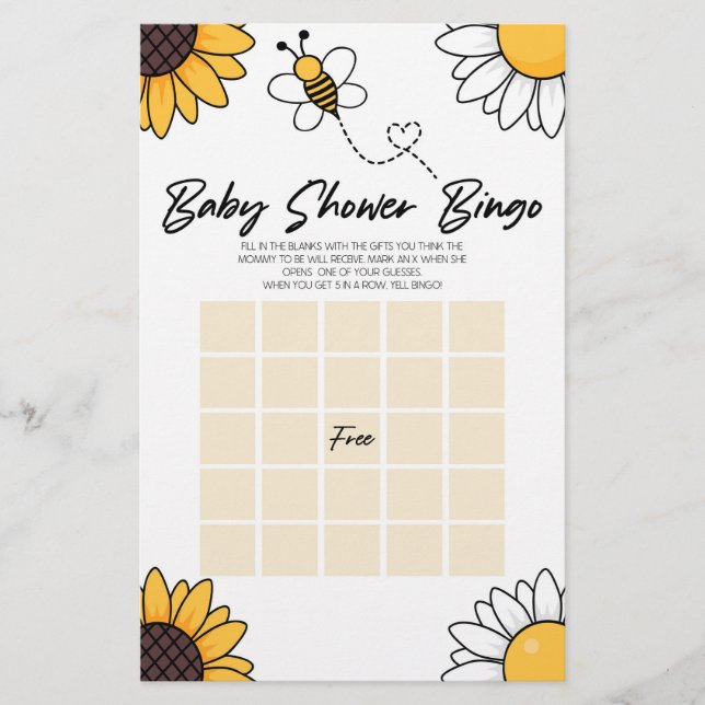 Bumble Honungsbin Bingo Baby Shower-spel Brevpapper (Framsida)