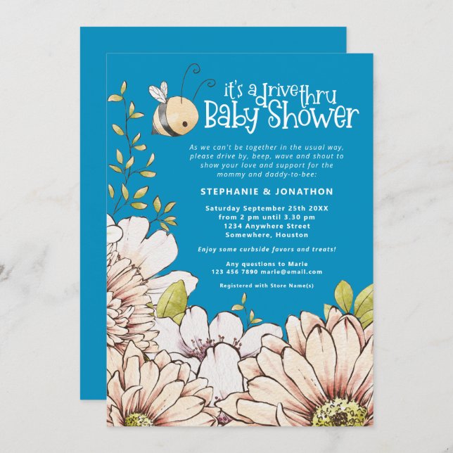 BumblebeBlommigtar Blue Drive Thru Baby Shower Inbjudningar (Fram/baksida)
