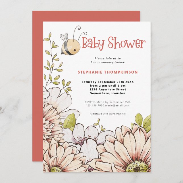 BumblebeBlommigtar Coral Baby Shower Inbjudningar (Fram/baksida)