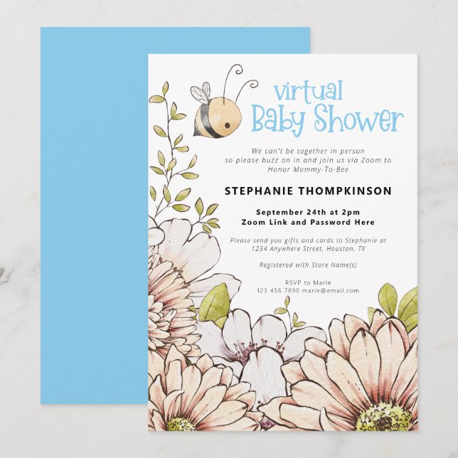 BumblebeBlommigtar Virtuell Baby blue Shower Inbjudningar (Fram/baksida)