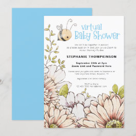 BumblebeBlommigtar Virtuell Baby blue Shower Inbjudningar