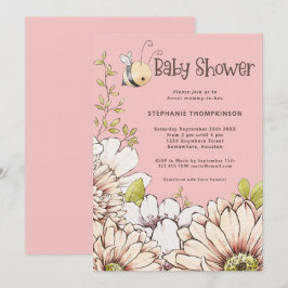 Bumblebee Blommigt Baby Rosa Shower Inbjudningar