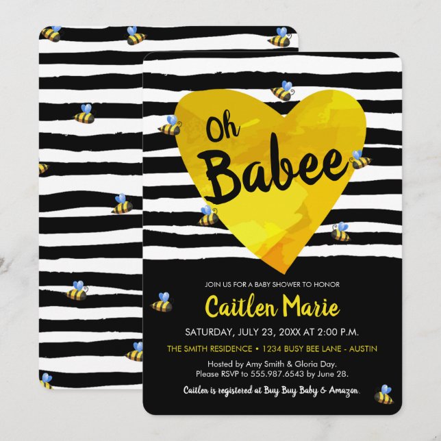Bumblebee Oh Babee Gult Black White Baby Shower Inbjudningar (Fram/baksida)