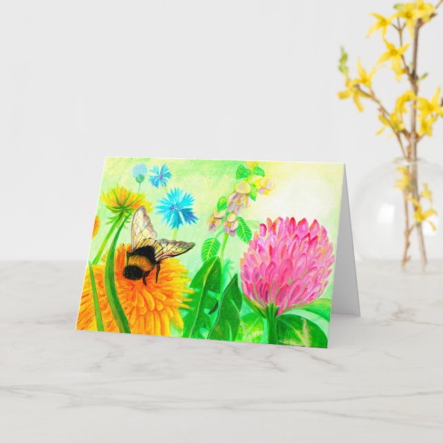 Bumblebee på dandelion Birthday Kort (Gul blomma)