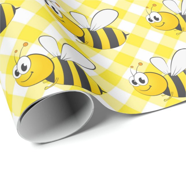 Bumblebee på Gult Gingham Presentpapper (Rullad Hörn)
