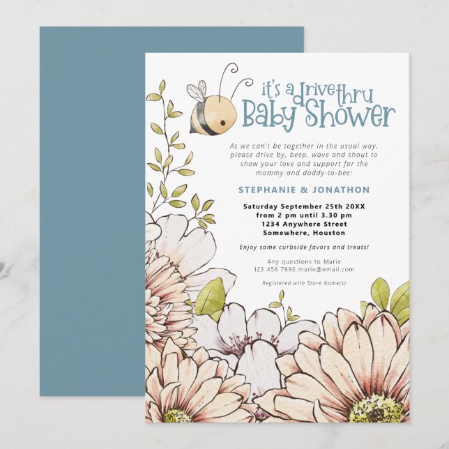 Bumblebees Blommigtar Teal Drive Thru Baby Shower Inbjudningar (Fram/baksida)
