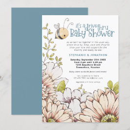 Bumblebees Blommigtar Teal Drive Thru Baby Shower Inbjudningar