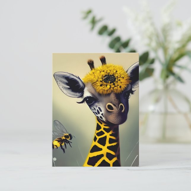 Bumblen Giraffe Whimsical Digital Art Vykort (Stående Fram)