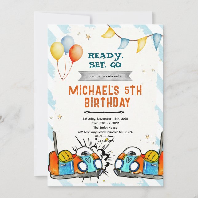 Bumper car birthday party invitation inbjudningar (Framsida)