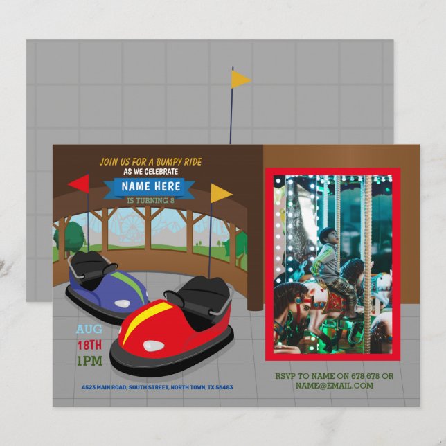 Bumper Cars Birthday Inbjudan Fairground Photo (Fram/baksida)