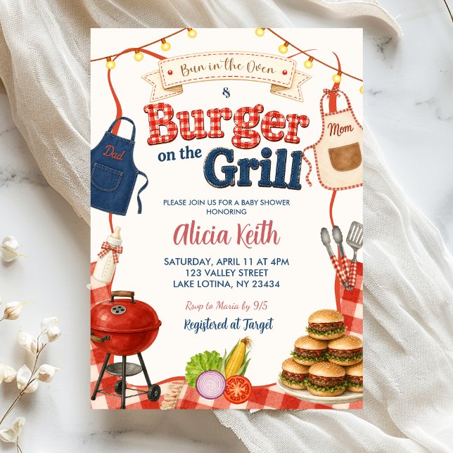 Bun & Burgers Gingham BBQ Samkönad babyfirande Inbjudningar (Skapare uppladdad)