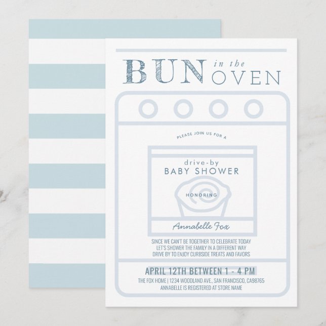 Bun i Oven Boy Blue Drive by Baby Shower Inbjudningar (Fram/baksida)